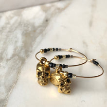 Load image into Gallery viewer, SKULL HOOP EARRINGS with black and gold accent beads