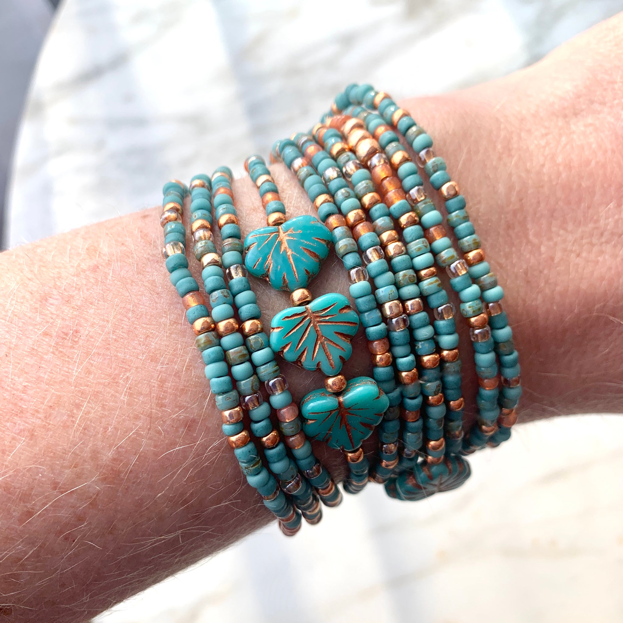 Handmade Turquoise Glass Beaded Wrap Bracelet – Stainless Steel Memory Wire, Coil Style, USA Made (Aqua/Turquoise)