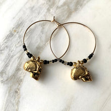 Load image into Gallery viewer, SKULL HOOP EARRINGS with black and gold accent beads