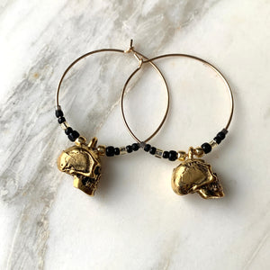 SKULL HOOP EARRINGS with black and gold accent beads